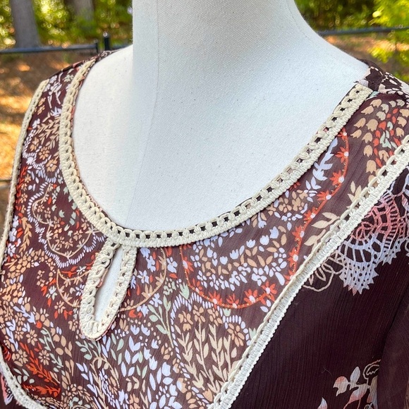 Boho Floral Women's Peasant Top - Brown Size XL - Picture 6 of 10